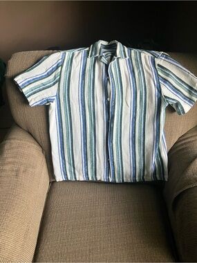 Zara Short-Sleeve Button Down Shirt in White, Blue and Green Stripes